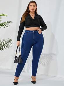 大碼高腰緊身牛仔褲 - 深色水洗藍 - 查看 4