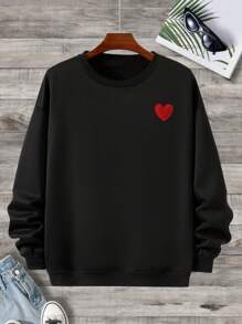 男士大码愛心圖案加絨內裏運動衫 - 黑色 - 查看 1