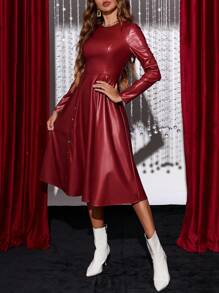 SHEIN Clasi Button Detail PU Leather A-line Dress - Burgundy - View 6
