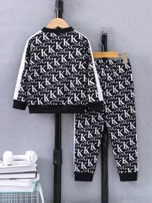 SHEIN 男小童字母圖案飛行員夾克和運動褲不帶T恤 - 黑與白 - 查看 2