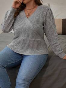 SHEIN LUNE Plus Surplice Neck Puff Sleeve Sweater - Grey - View 7