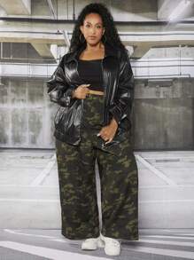 SHEIN CURVE+ Plus Solid Zip Up Drop Shoulder PU Coat - Black - View 5