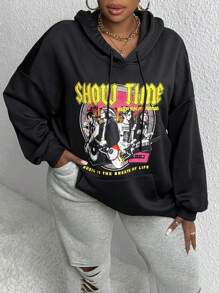 Slaydiva Plus Size Figure & Letter Graphic Drop Shoulder Drawstring Sweatshirt - Black - View 6