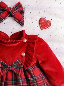 SHEIN Baby Girl Tartan Print Ruffle Trim Flare Sleeve Dress & Headband, For Christmas