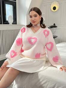 SHEIN Qutie Hơn Hình trái tim Lê Kết cườm Thả vai Áo len - Nhiều màu - Xem 4