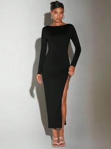 SHEIN BAE Solid Split Thigh Backless Bodycon Dress - Black - View 3