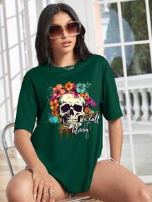 SHEIN EZwear Sọ Và In hoa Áo thun Thả vai - Màu xanh lá cây đậm - Xem 4