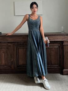 DAZY Women's Waist Cinched Long Casual Suspender Dress, Sexy Denim Dress For Summer Maxi Dress - Dusty Blue - View 2