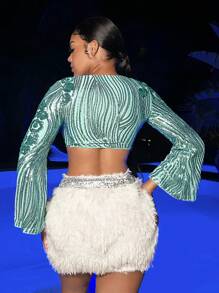 SHEIN SXY Rhinestone Detail Flare Sleeve Sequin Crop Top - Mint Green - View 2