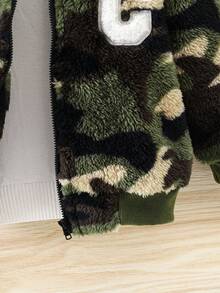 Young Boy 1pc Camo Print Letter Patched Teddy Bomber Jacket - Army Green - View 5