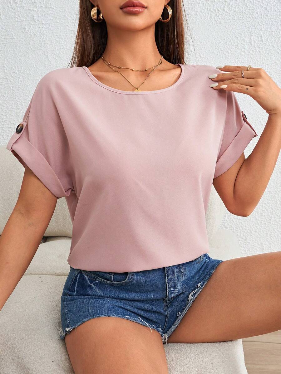 SHEIN LUNE Solid Roll Up Sleeve Blouse - Pink - View 1