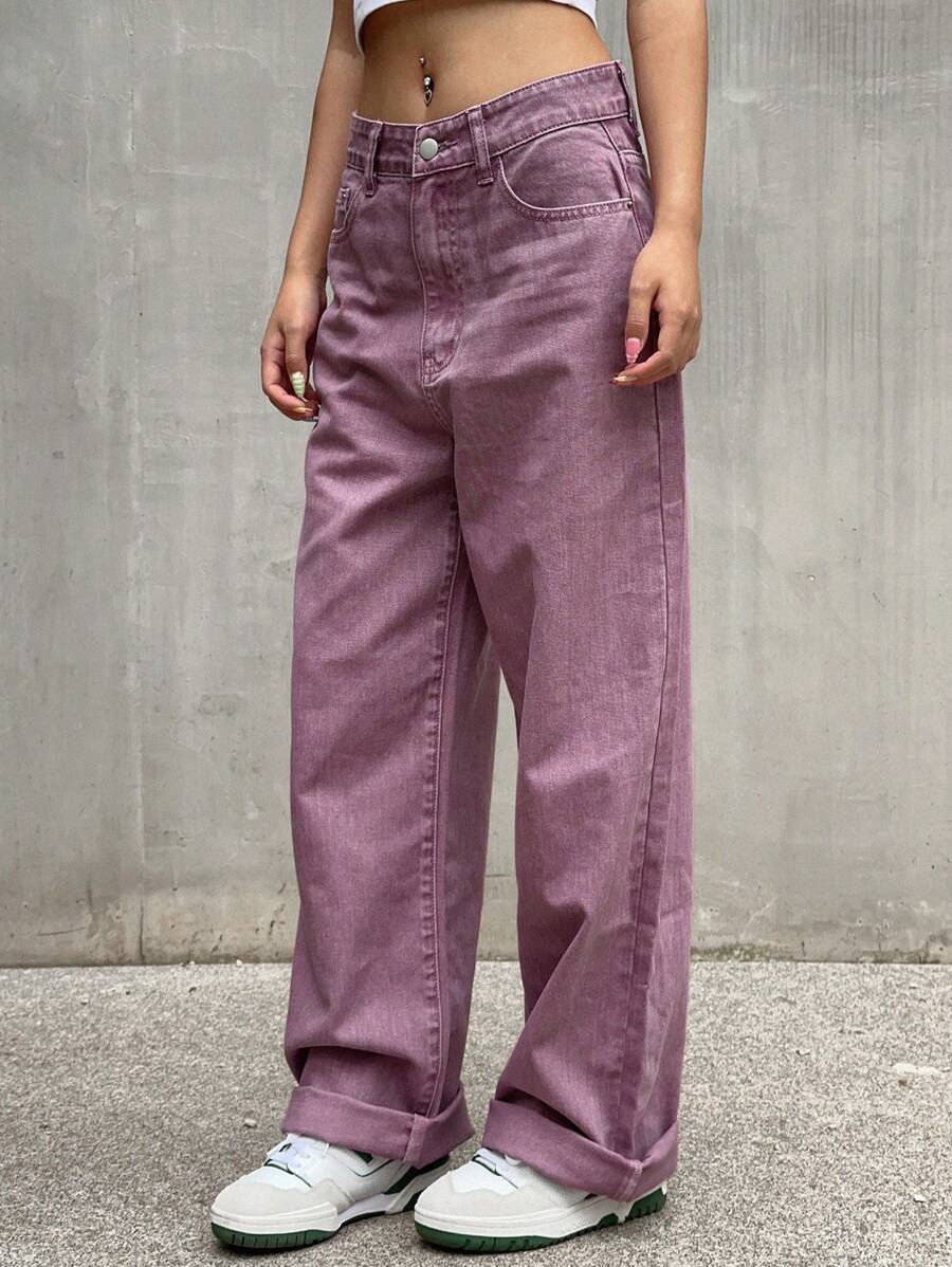 DAZY Jeans De Pierna Ancha Sólida - Lila Púrpura - Ver 1