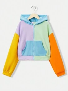 SHEIN 少女撞色落肩拉链卫衣 - 彩色 - 查看 1