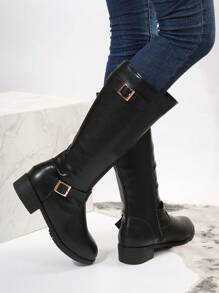 女性時尚高幫平底復古西部牛仔靴附腰帶扣飾,新設計馬靴 - 黑色 - 查看 2