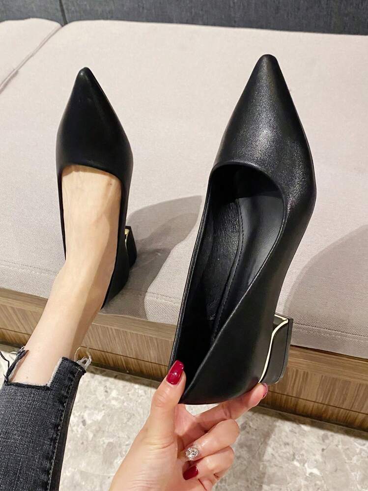 秋冬简约时尚休闲粗跟女鞋，3厘米鞋跟高度，适合工作、平底鞋 - 黑色 - 查看 4