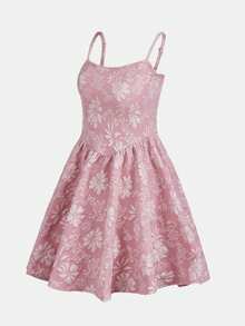 SHEIN 青少年女孩花卉圖案提花吊帶洋裝 - 藕粉色 - 查看 4