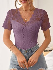 SHEIN VCAY Camiseta con encaje en contraste ribete en abanico con bordado con ojal - Morado - Ver 4