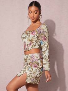 SHEIN BAE Floral Print Split Hem Skirt - Multicolor - View 4