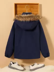 SHEIN 男大童帶蓋口袋毛絨飾邊保暖連帽外套 - 藏蓝色 - 查看 7