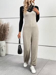SHEIN LUNE 1入組羅紋針織吊帶連衣褲（無T恤） - 卡其色 - 查看 4
