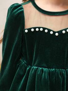 SHEIN Young Girl Knit Round Neck Velvet Contrast Mesh Tight Fitting Princess Dress, Mommy And Me Matching Outfits