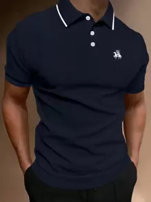 Manfinity Mode Men Figure & Horse Pattern Contrast Trim Polo Shirt - Navy Blue - View 1