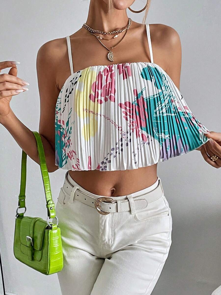 SHEIN Essnce 圖案印花百褶吊帶上衣 - 彩色 - 查看 1