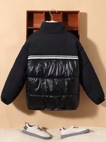 SHEIN Tween Boy Striped Tape Panel Zipper Padded Coat Without Sweater - Black - View 3