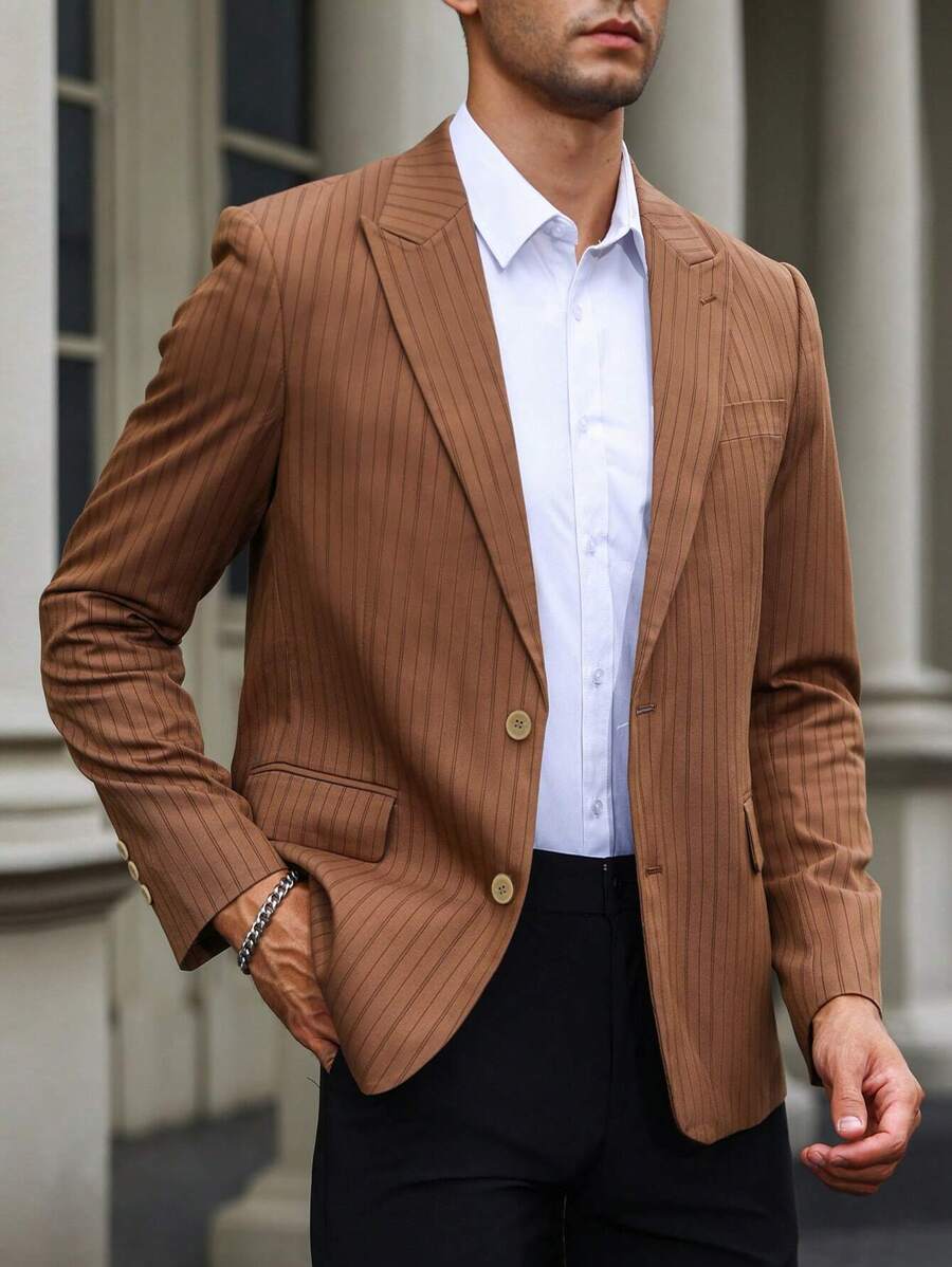 Manfinity Mode Men 1pc Vertical Striped Single Breasted Blazer - Coffee Brown - View 1