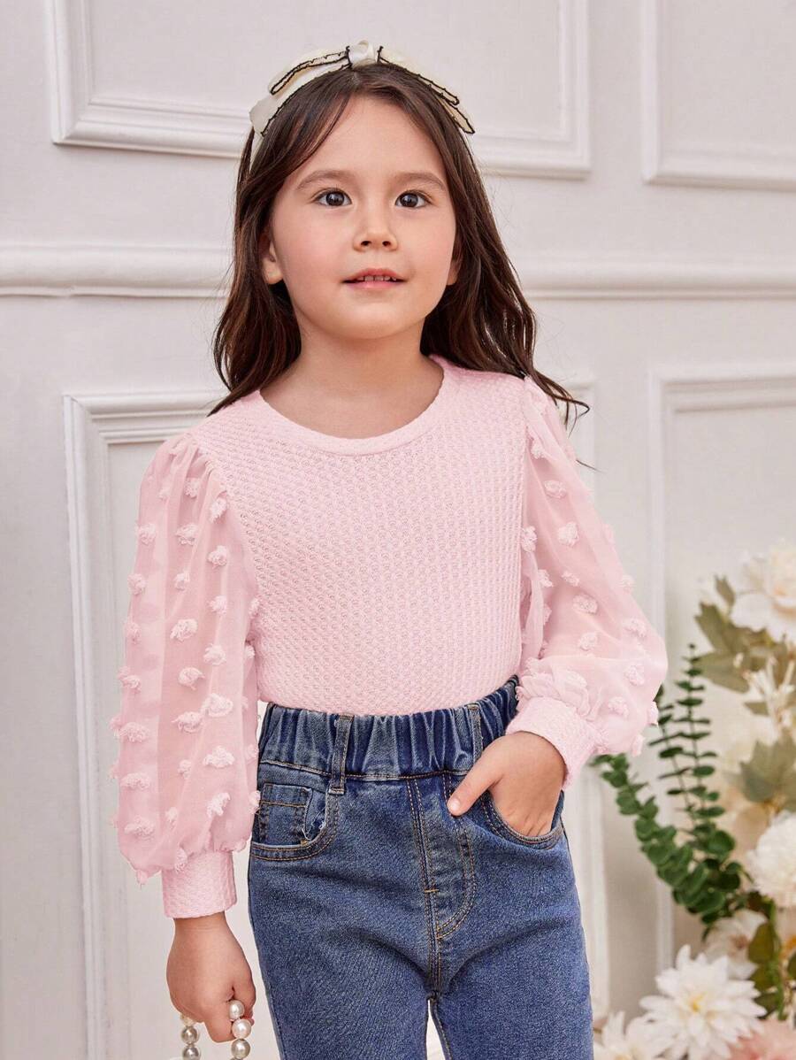 SHEIN Leap Crew Young Girl Swiss Dot Lantern Sleeve Waffle Knit Tee - Pink - View 1