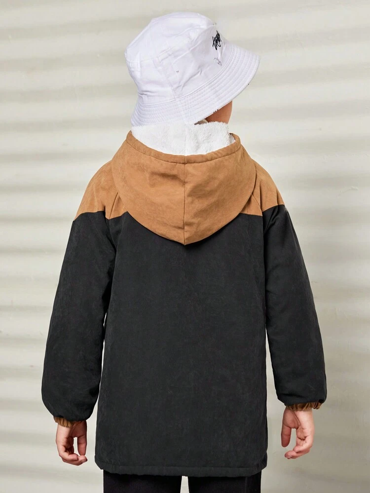 Tween Boy Casual Loose Fit Hooded Jacket With Flower Print & Colorblock Design And Thermal Lined