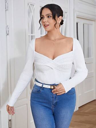 SHEIN Privé 大碼甜心領扭紋正面羅紋針織毛衣