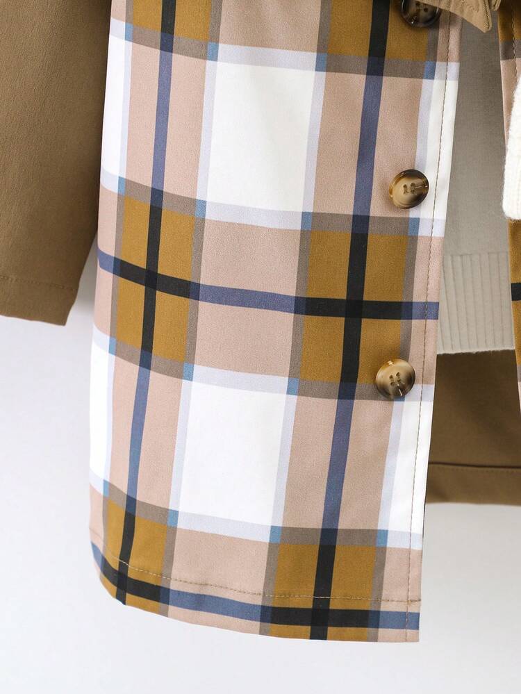 Young Boy Plaid Print Trench Coat & Scarf Without Sweater