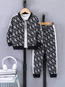 SHEIN 男小童字母圖案飛行員夾克和運動褲不帶T恤 - 黑與白 - 查看 1