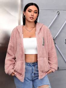 SHEIN EZwear 大碼字母貼布落肩袖連帽毛絨夾克 - 藕粉色 - 查看 4