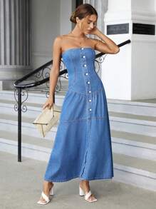 SHEIN Essnce Button Front Tube Denim Dress - Medium Wash - View 4