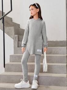 SHEIN Tween 女孩字母貼片落肩連帽運動衫和緊身褲 - 灰色 - 查看 1