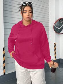 Flirla 加大码日月印花落肩抽绳卫衣 - 玫紅色 - 查看 6