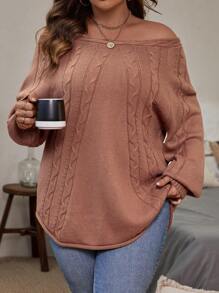 SHEIN LUNE Plus Off Shoulder Cable Knit Sweater - Camel - View 6