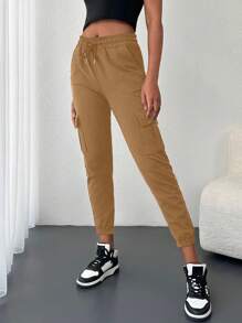EURMUSE Flap Pocket Side Drawstring Waist Sweatpants - Brown - View 4