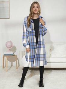 Teen Girl Plaid Flap Pocket Drop Shoulder Overcoat