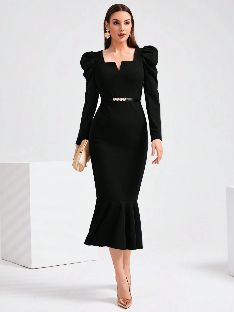 Modelyn Đường viền cổ có rãnh Tay áo Nàng tiên cá Hem Đầm Không có thắt lưng - màu đen - Xem 1