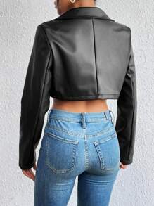 Chiquease Flap Detail Crop PU Leather Jacket Fall Winter Cloth For Women - Black - View 2