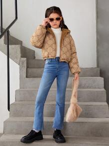 SHEIN Tween Girl 1 件蝴蝶结印花泰迪熊衬里连帽夹棉大衣 - 卡其色 - 查看 6