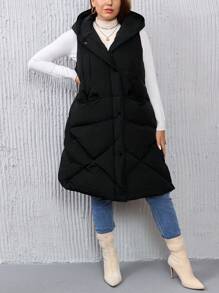 SHEIN Essnce 加拉鍊連帽羽絨背心大衣 - 黑色 - 查看 4