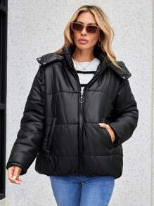 EURMUSE Drop Shoulder Drawstring Hem Zipper Hooded Puffer Coat - Black - View 4