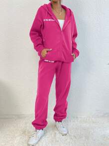 SHEIN Unity 字母圖案拉鏈開襟抽繩加絨內裏連帽衫和運動褲 - 玫紅色 - 查看 3