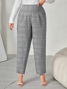 SHEIN Frenchy Plus Plaid Print Fold Pleated Pants - Black and White - View 1