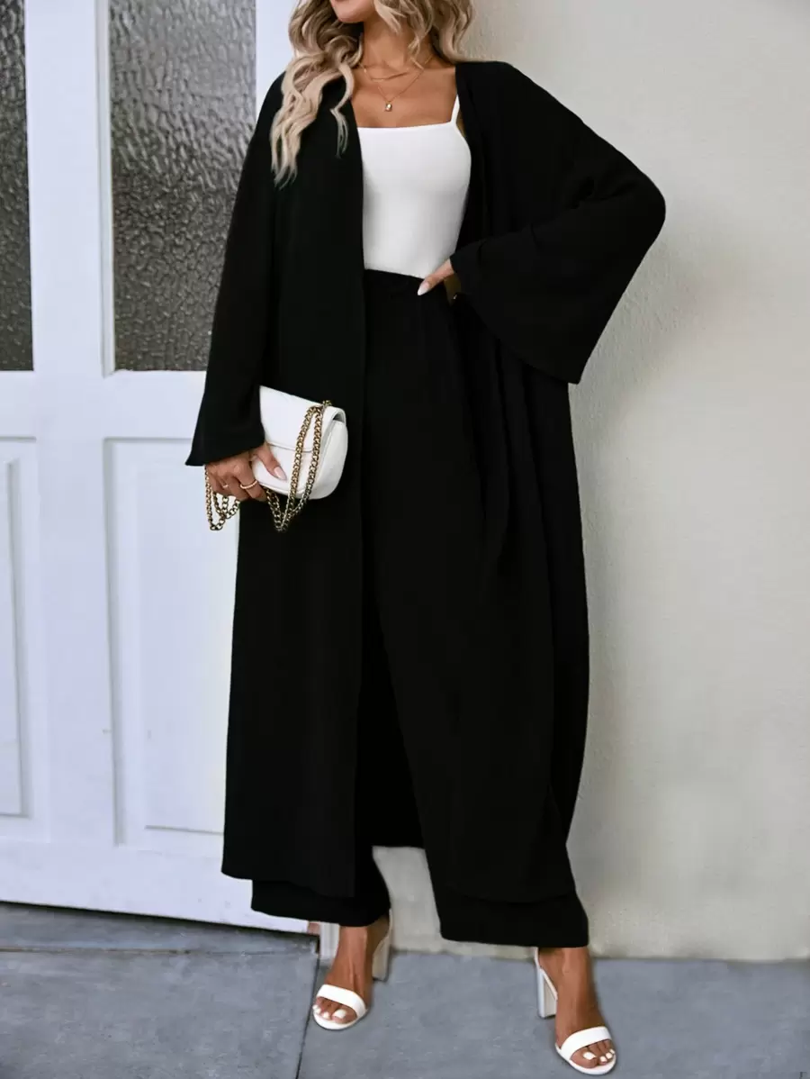 SHEIN LUNE Solid Open Front Coat & Wide Leg Pants - Black - View 1