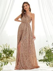 Maternity One Shoulder Split Thigh Sequin Formal Dress - Champagne - View 5